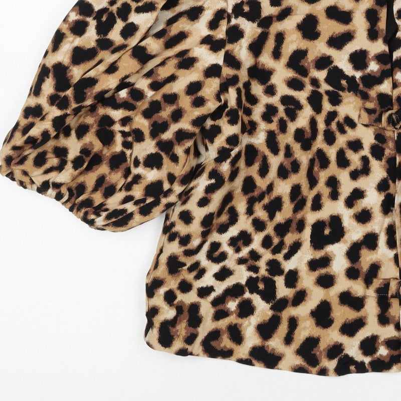 M&S Women Brown Leopard Print Lined Blazer UK 10 Puff Sleeve Jacket