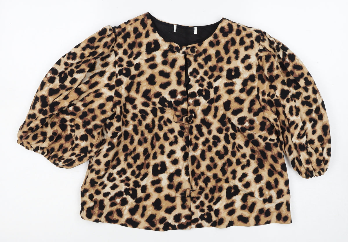 M&S Women Brown Leopard Print Lined Blazer UK 10 Puff Sleeve Jacket