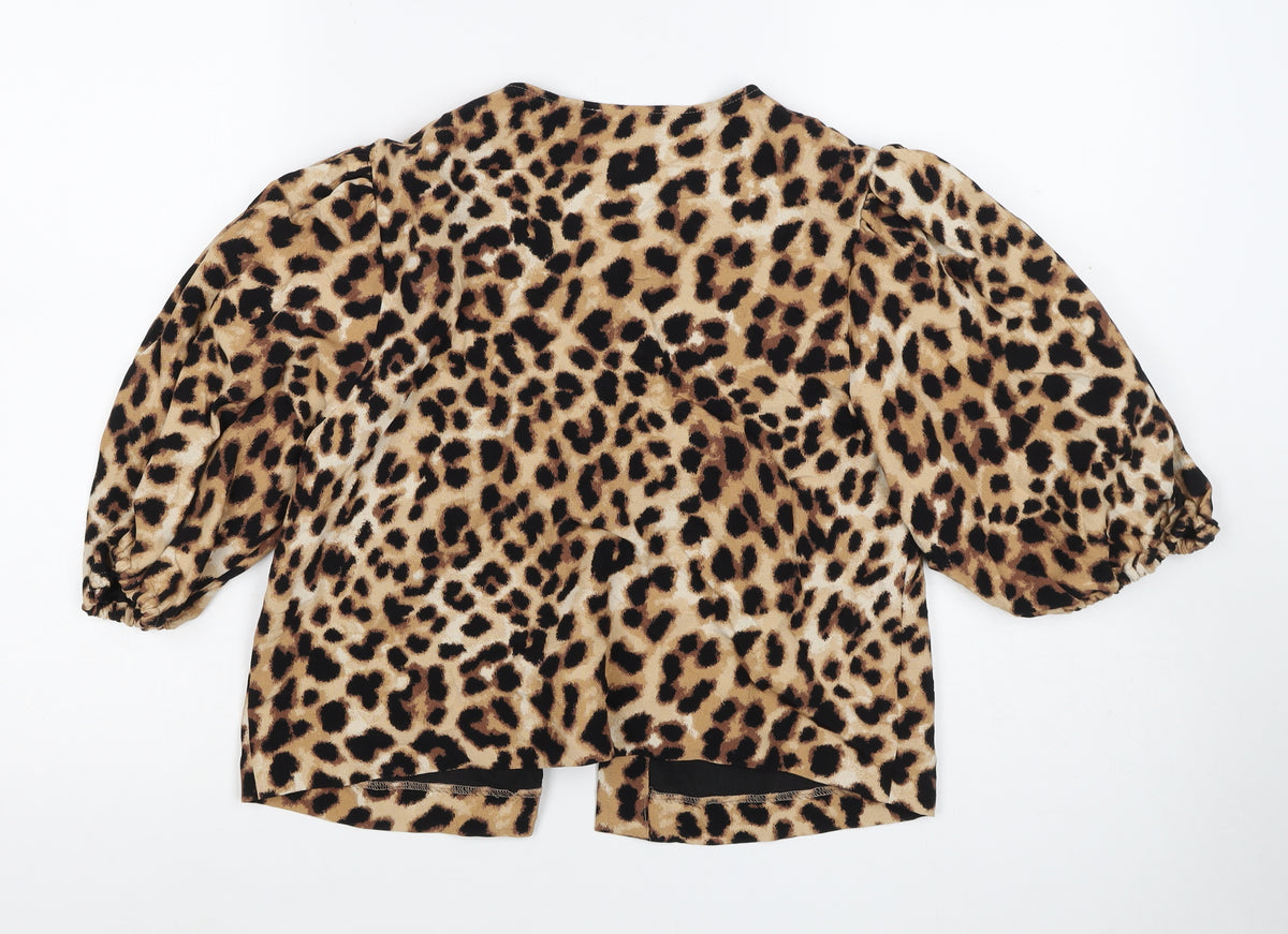 M&S Women Brown Leopard Print Lined Blazer UK 10 Puff Sleeve Jacket