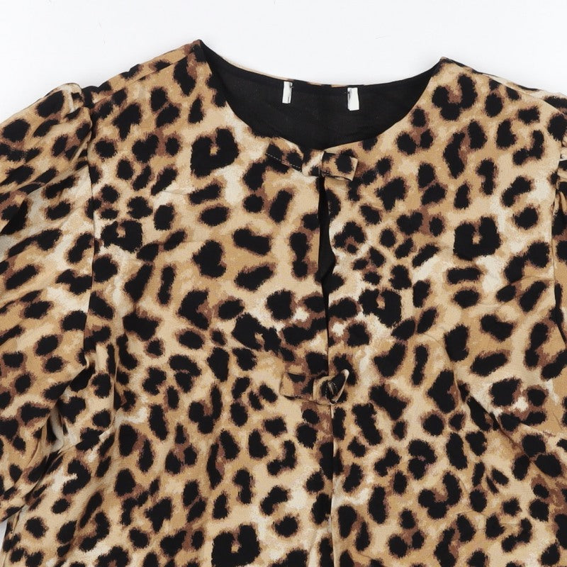 M&S Women Brown Leopard Print Lined Blazer UK 10 Puff Sleeve Jacket