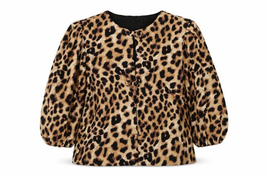 M&S Women Brown Leopard Print Lined Blazer UK 10 Puff Sleeve Jacket