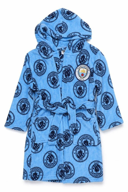 Manchester City Boys Blue 5-6 Years Fleece Hooded Belted Robe BNWT