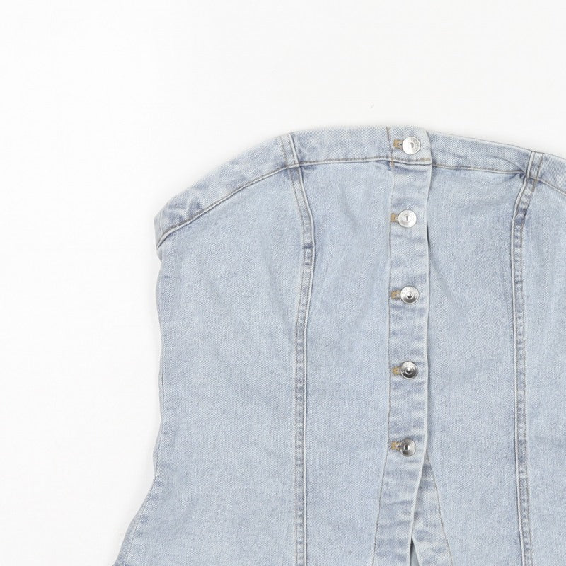 H&M Divided Women Blue M Cropped Denim Strapless Button-Up Corset Top