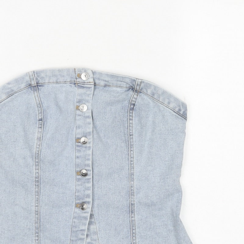 H&M Divided Women Blue M Cropped Denim Strapless Button-Up Corset Top
