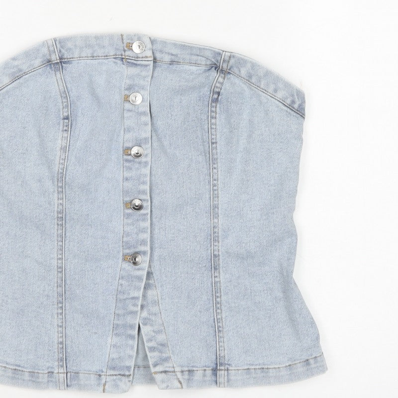 H&M Divided Women Blue M Cropped Denim Strapless Button-Up Corset Top