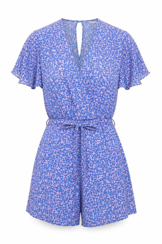 La Redoute Women Blue Pink Floral V-Neck Belted Playsuit UK 12