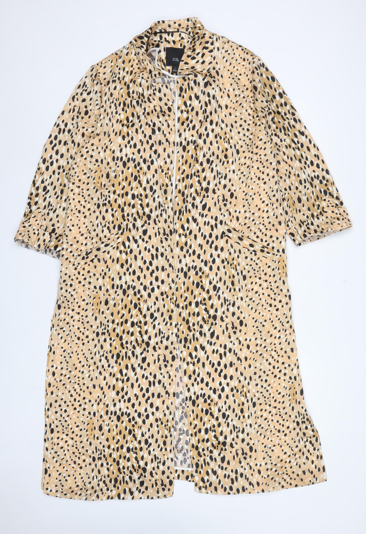 River Island Women Beige UK 14 Long Leopard Print Zip Coat