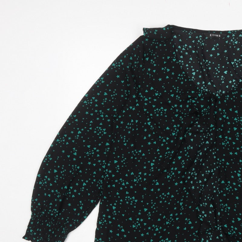Evans Women Black Green Heart Star Wrap Blouse UK 14