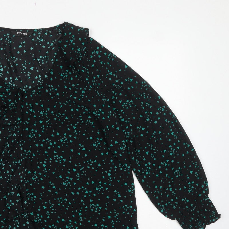 Evans Women Black Green Heart Star Wrap Blouse UK 14