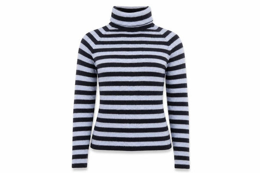 Hugo Boss Women’s Blue Black Striped Alpaca Roll Neck Jumper Size S