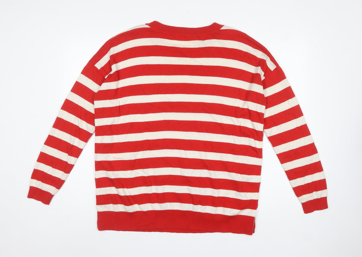 Boden Women Red Ivory Striped Button Side Wool Cotton Jumper XL