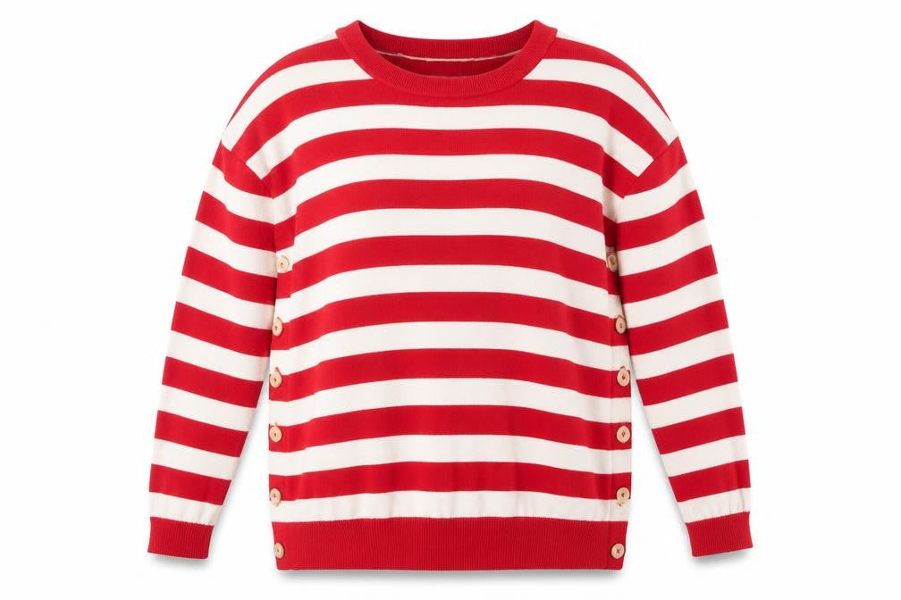 Boden Women Red Ivory Striped Button Side Wool Cotton Jumper XL