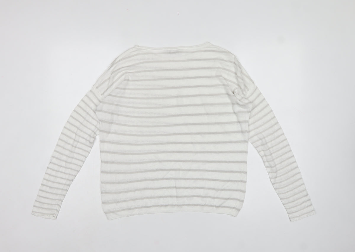 The White Company Women White Grey Stripe Linen Knit Top Medium