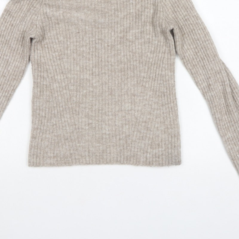 H&M Women Beige Rib Knit Cowl Neck Slim Pullover Jumper Size S