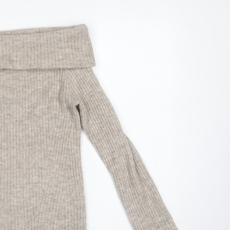 H&M Women Beige Rib Knit Cowl Neck Slim Pullover Jumper Size S