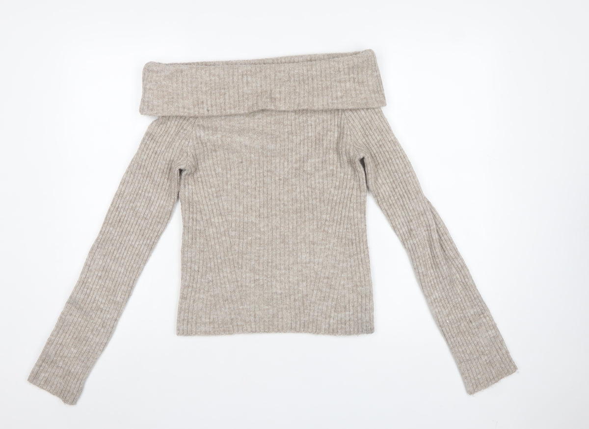 H&M Women Beige Rib Knit Cowl Neck Slim Pullover Jumper Size S