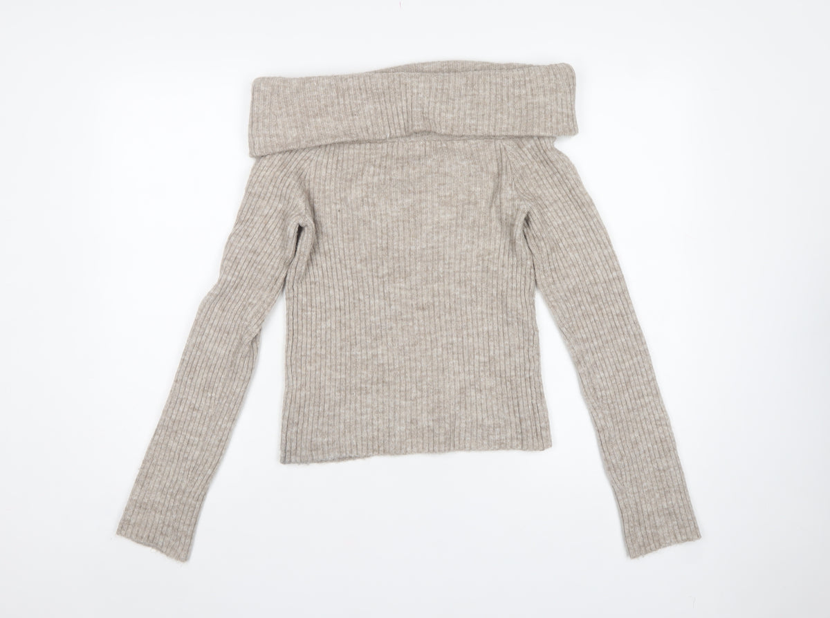H&M Women Beige Rib Knit Cowl Neck Slim Pullover Jumper Size S