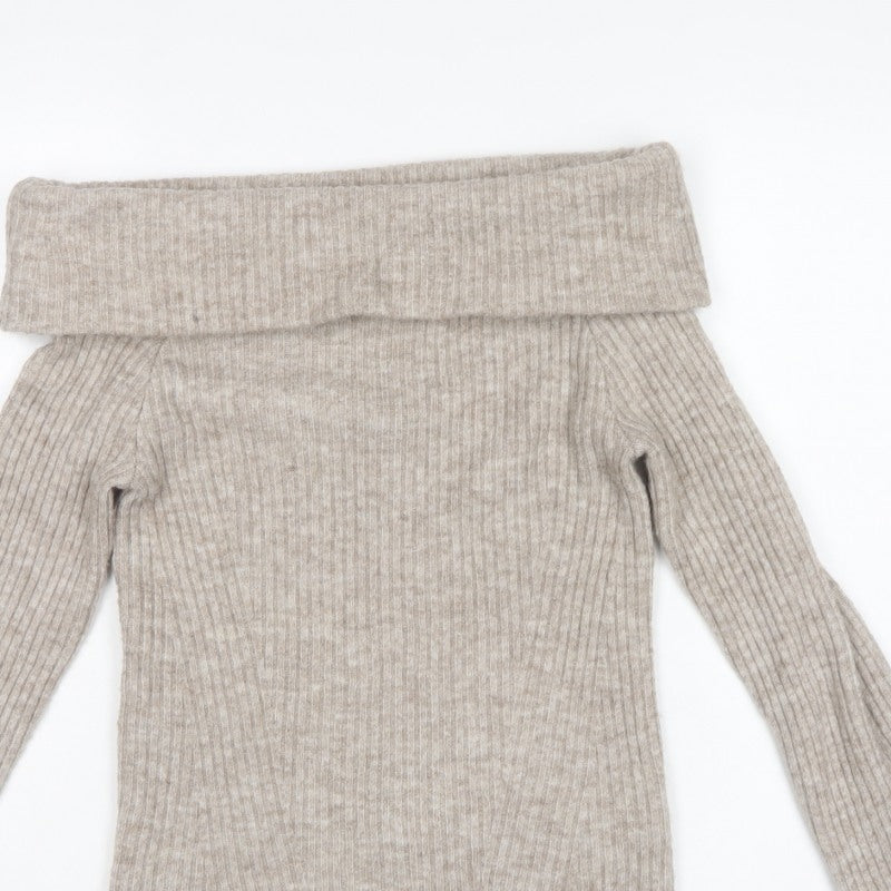 H&M Women Beige Rib Knit Cowl Neck Slim Pullover Jumper Size S