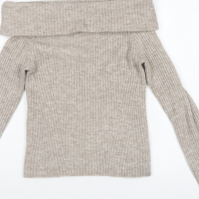 H&M Women Beige Rib Knit Cowl Neck Slim Pullover Jumper Size S