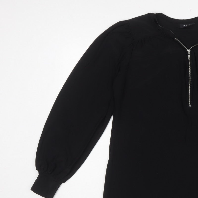 Wallis Women Black M Tall Zip Neck Balloon Sleeve Blouse