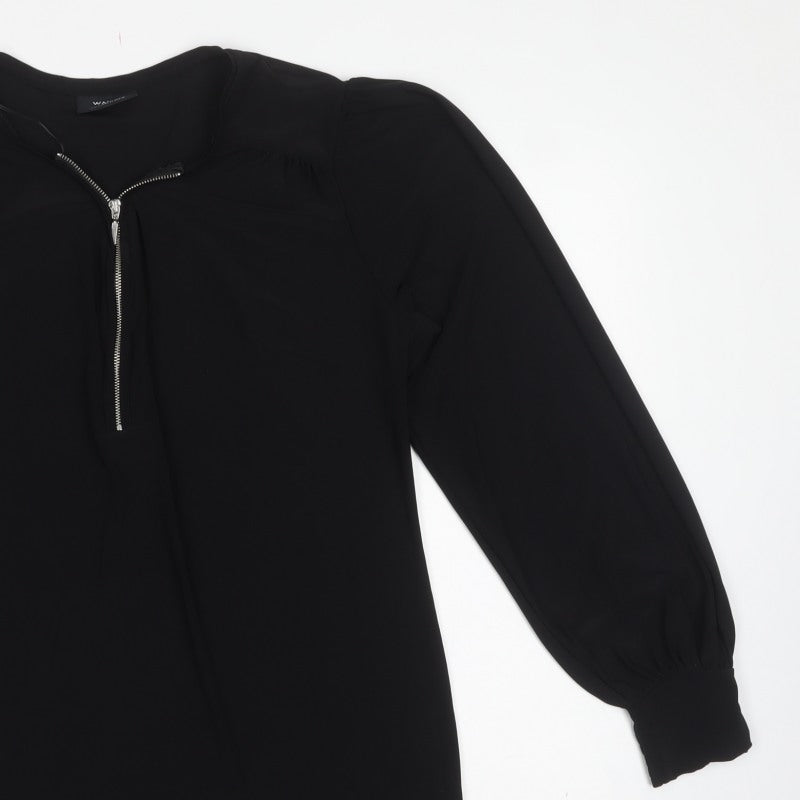 Wallis Women Black M Tall Zip Neck Balloon Sleeve Blouse