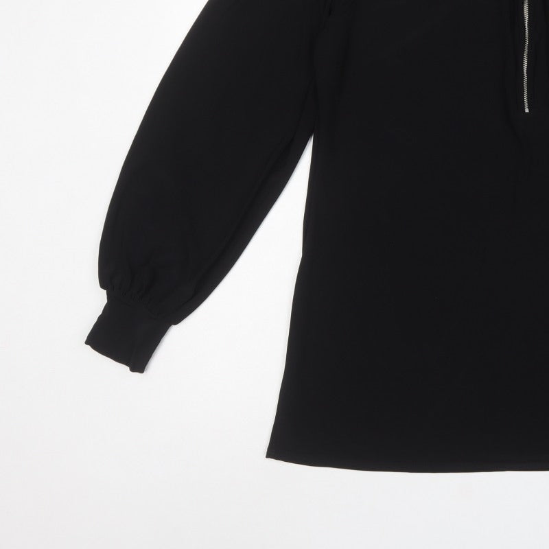 Wallis Women Black M Tall Zip Neck Balloon Sleeve Blouse
