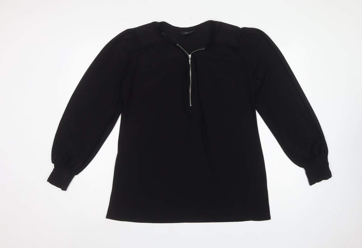 Wallis Women Black M Tall Zip Neck Balloon Sleeve Blouse