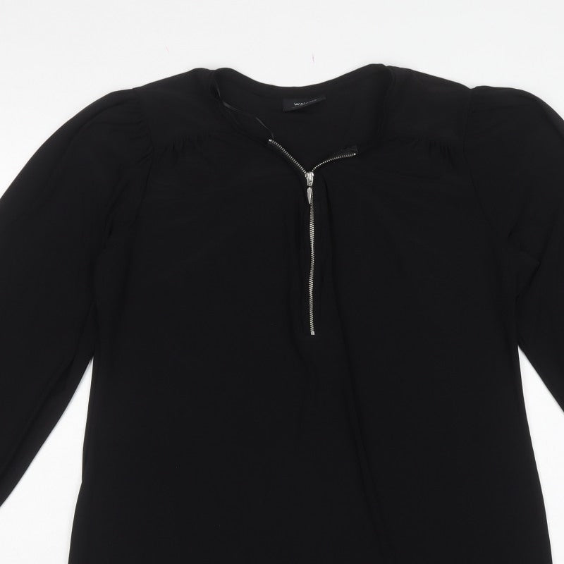 Wallis Women Black M Tall Zip Neck Balloon Sleeve Blouse