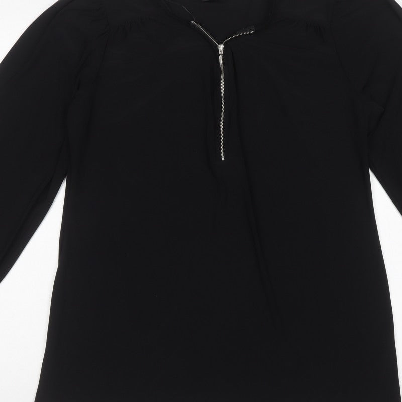 Wallis Women Black M Tall Zip Neck Balloon Sleeve Blouse