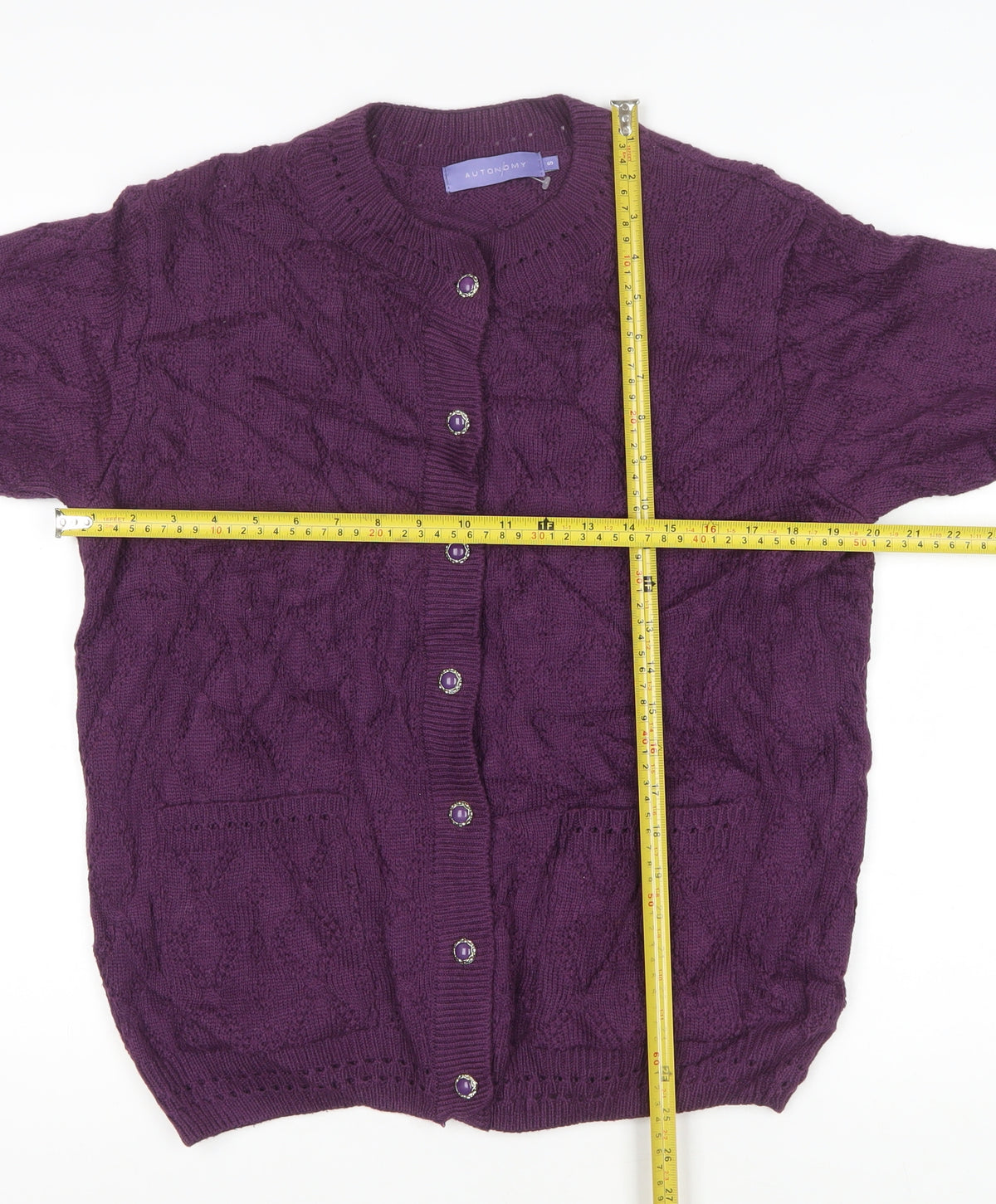 Autonomy Women’s Purple S Cable Knit Button Front Cardigan Pockets