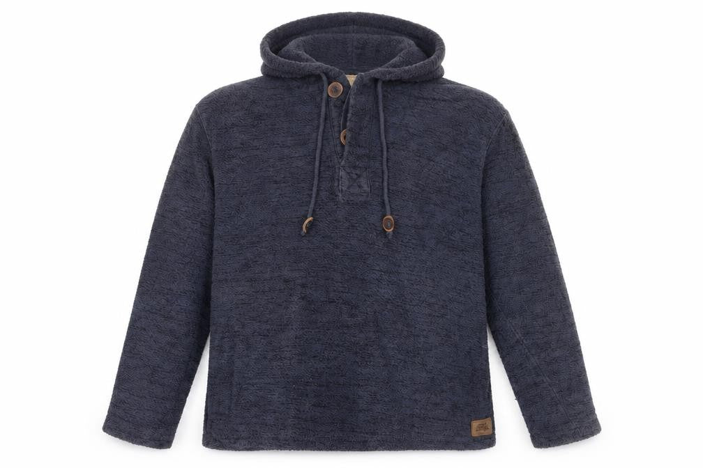 Weird Fish Men’s Blue L Hooded Henley Fleece Pullover Hoodie