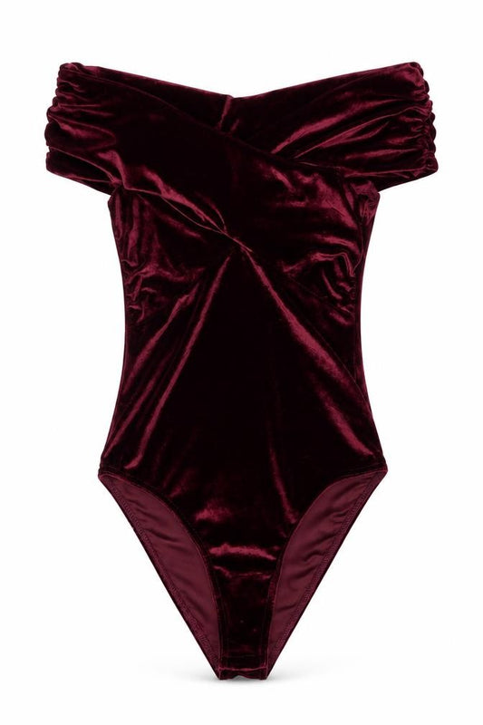 Miss Selfridge Women Red Velvet Off Shoulder Bodysuit Petite UK 8