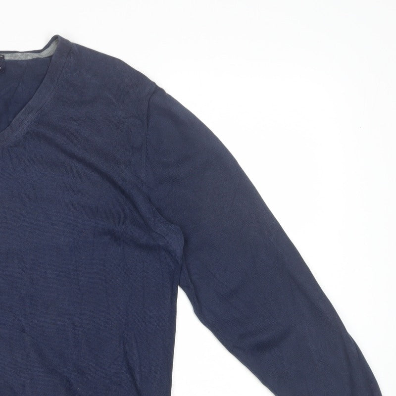 Lands' End Men Blue XL V-Neck Supima Cotton Knit Pullover Jumper