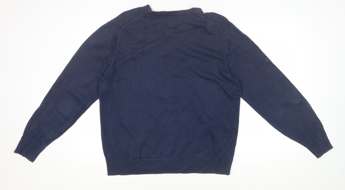 Lands' End Men Blue XL V-Neck Supima Cotton Knit Pullover Jumper