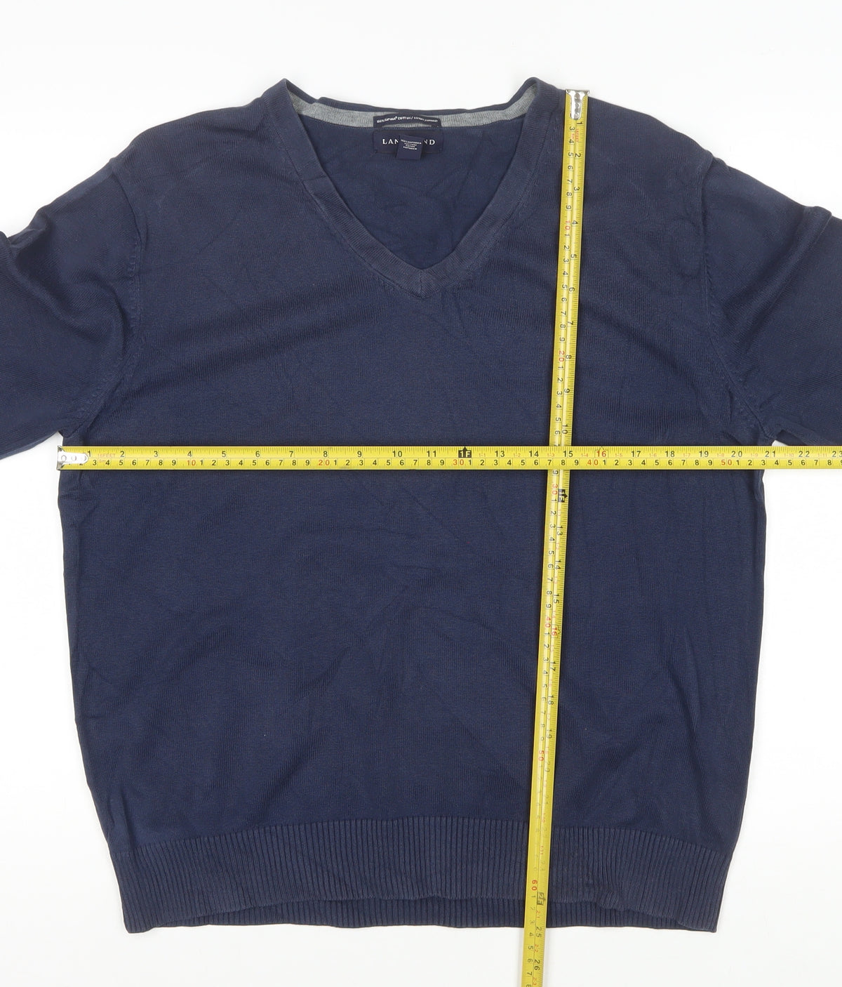 Lands' End Men Blue XL V-Neck Supima Cotton Knit Pullover Jumper