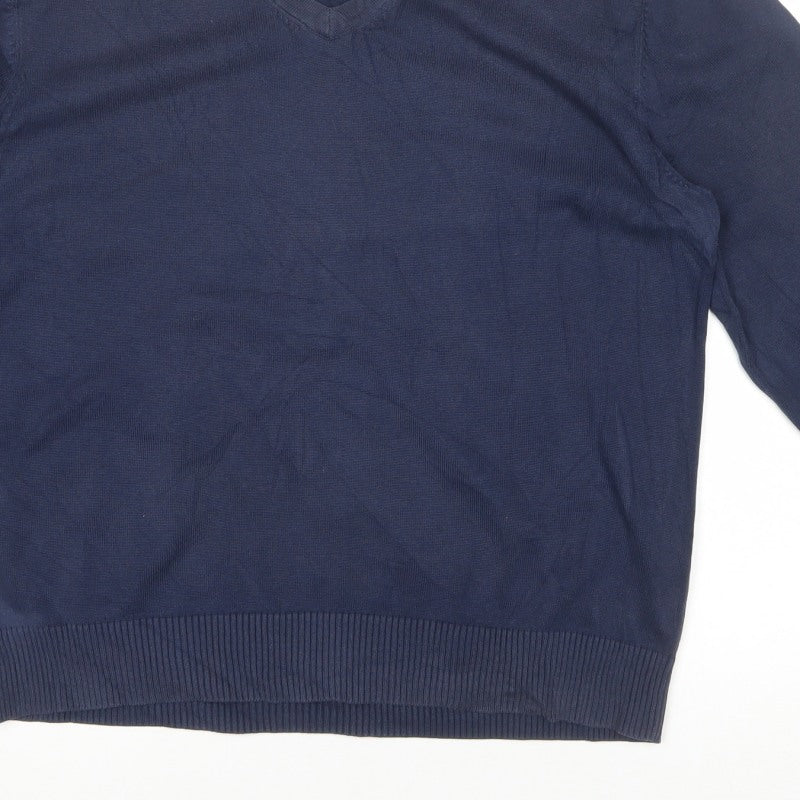 Lands' End Men Blue XL V-Neck Supima Cotton Knit Pullover Jumper