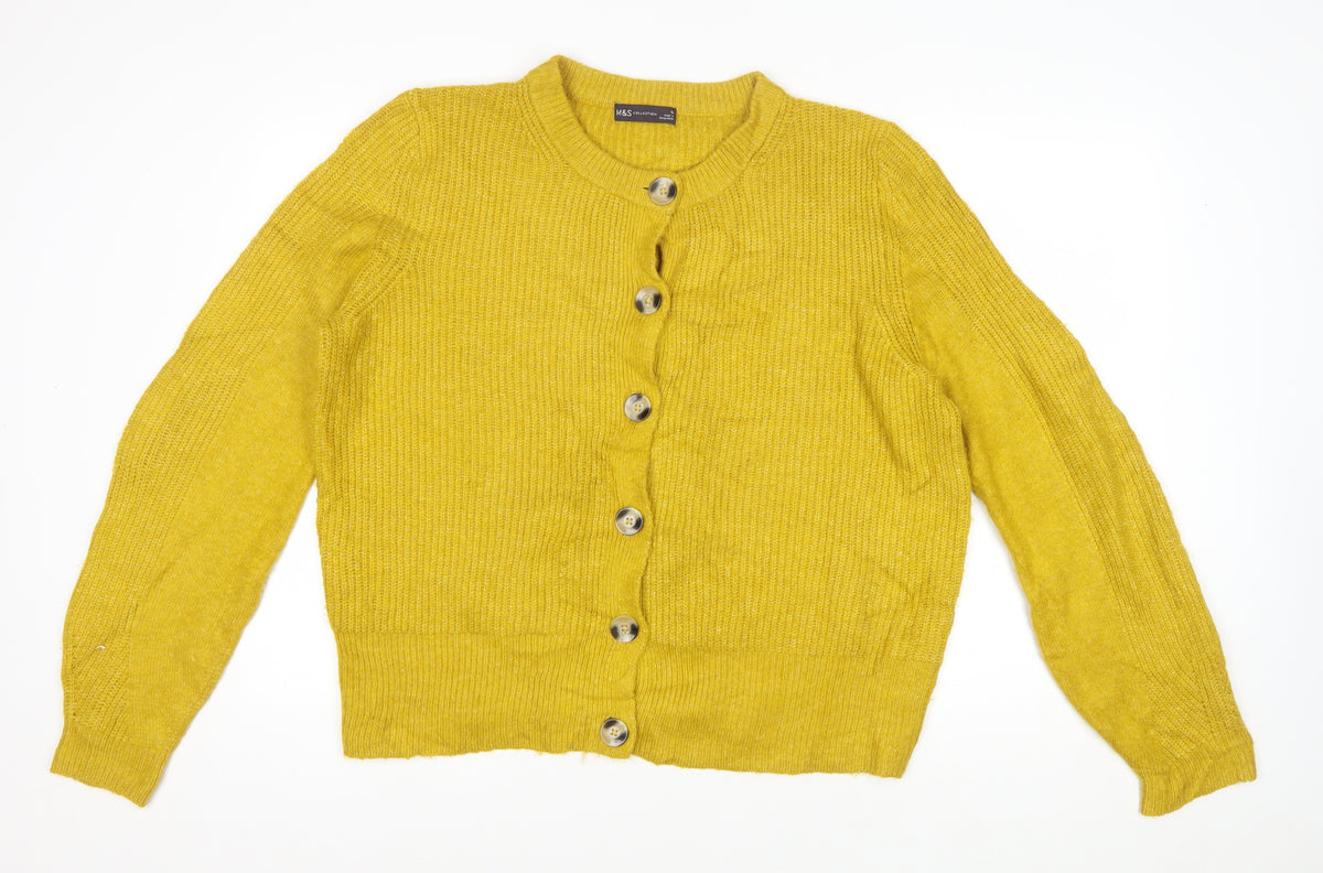 Marks and Spencer Women Yellow Size 16 Rib Knit Button Cardigan