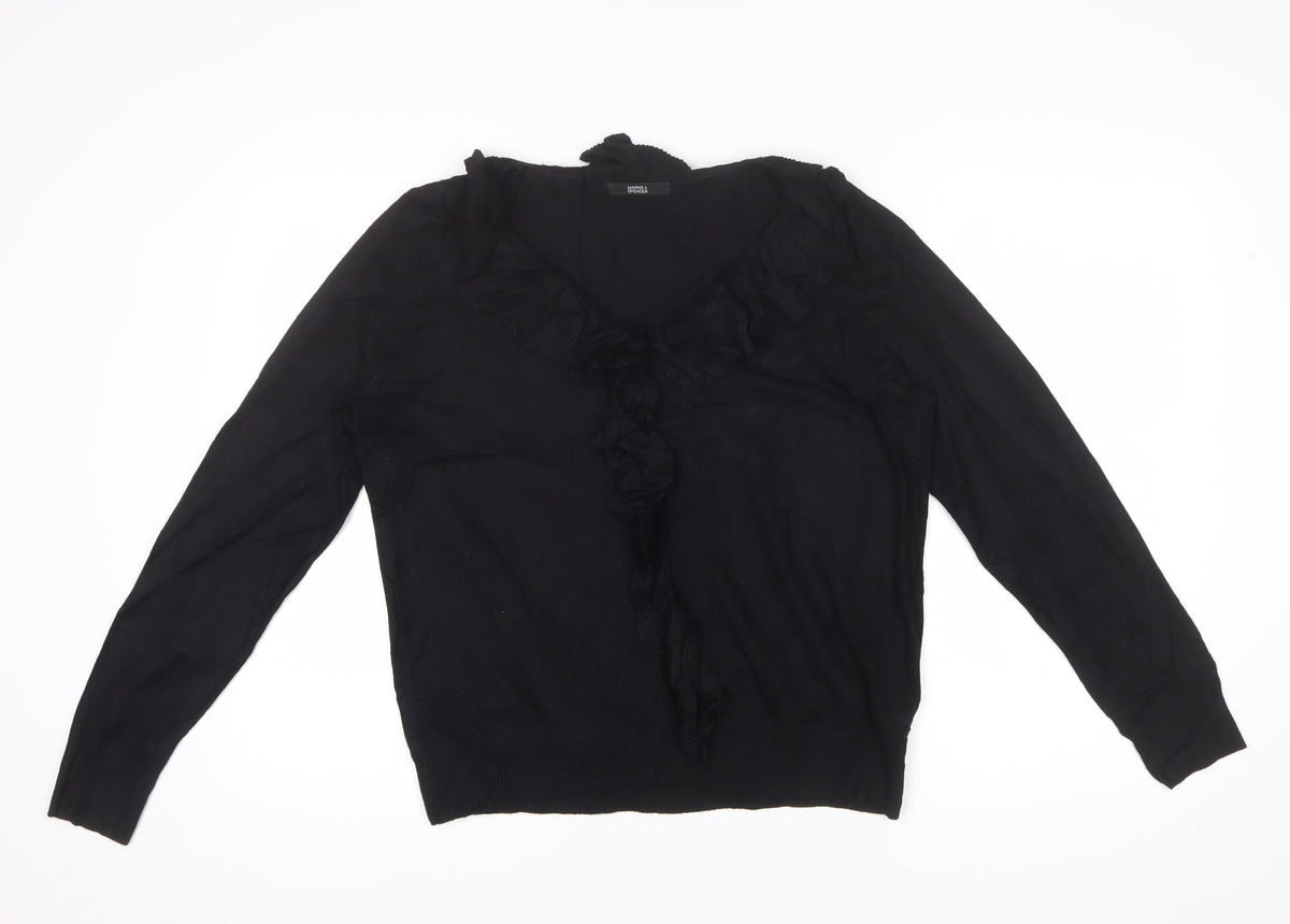 Marks and Spencer Women Black UK 16 V-Neck Ruffle Knit Pullover Jumper