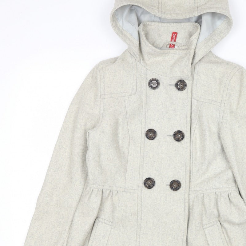 H&M Divided Women's Grey UK 8 Hooded Wool Blend Pea Coat