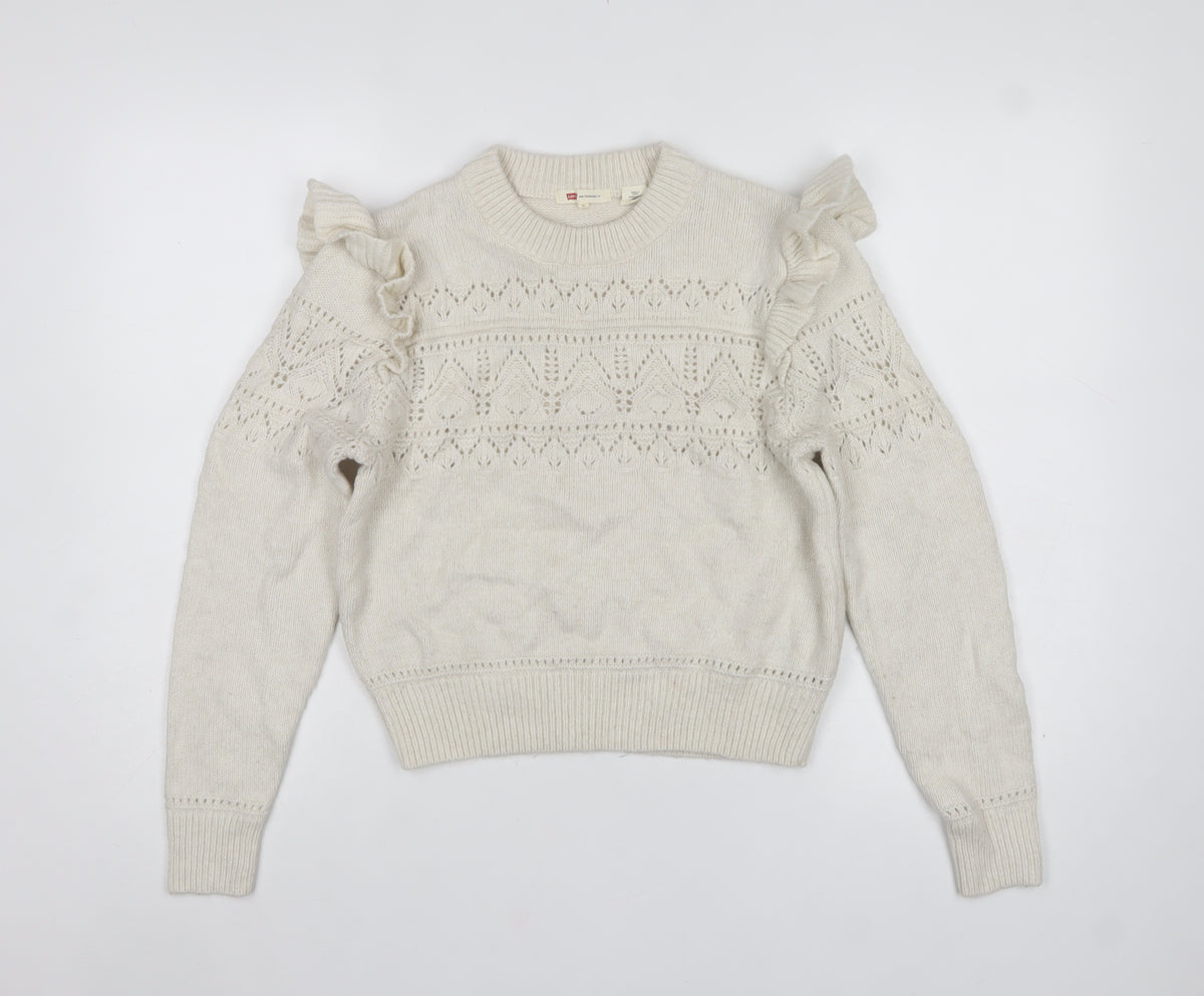 Levi's Women Ivory XS Ruffle Open Knit Crew Neck Jumper