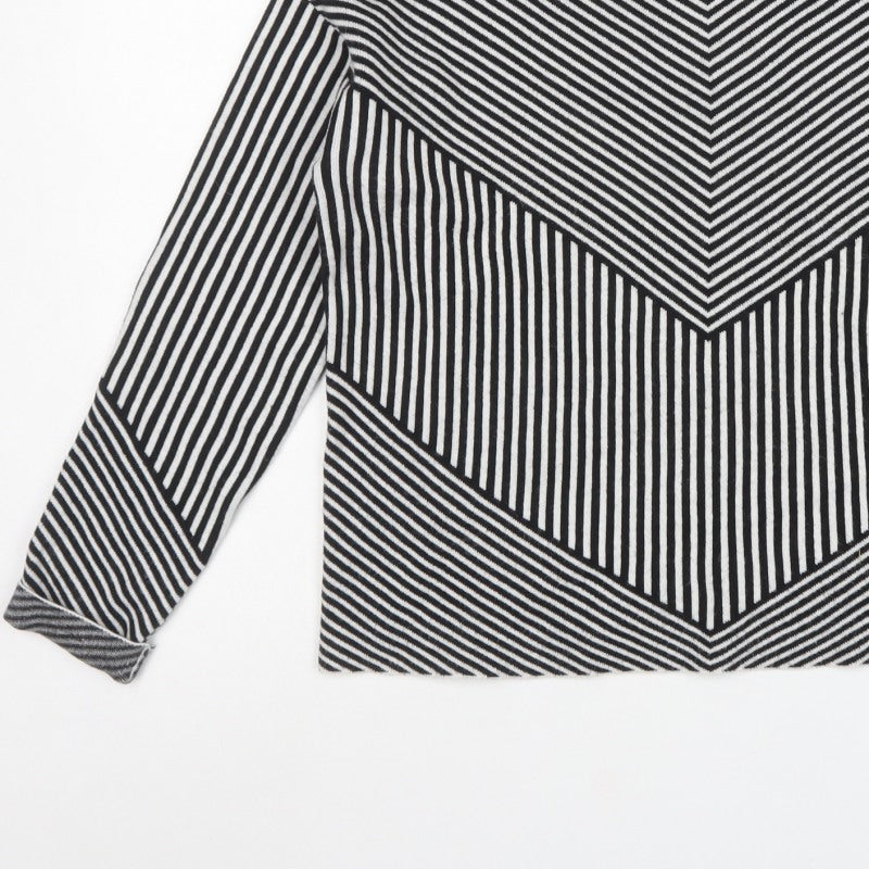 Tahari Women Black White Striped Mock Neck Knit Pullover Jumper M