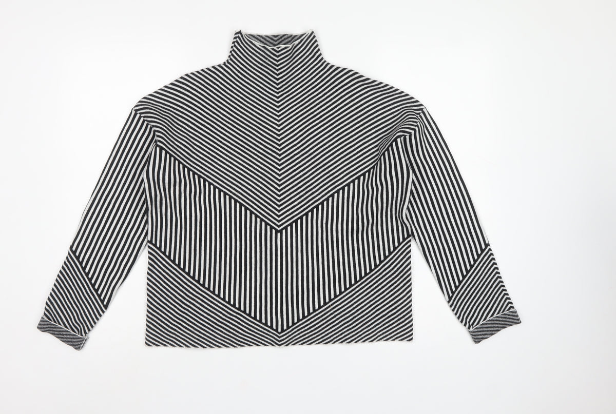Tahari Women Black White Striped Mock Neck Knit Pullover Jumper M