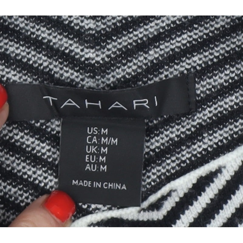 Tahari Women Black White Striped Mock Neck Knit Pullover Jumper M