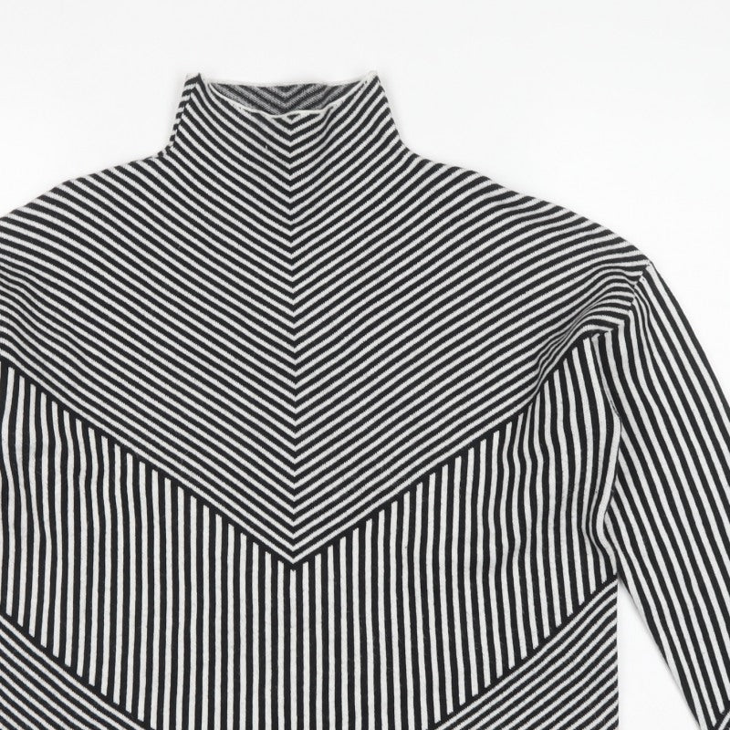 Tahari Women Black White Striped Mock Neck Knit Pullover Jumper M