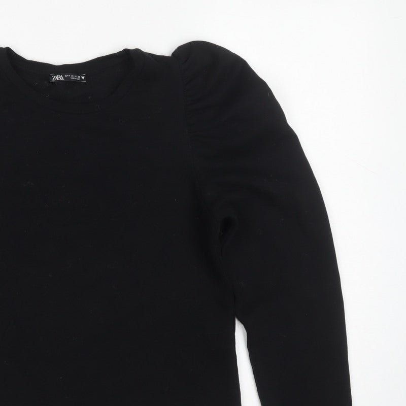 Zara Women Black M Ruffle Shoulder Crew Neck Pullover Sweatshirt