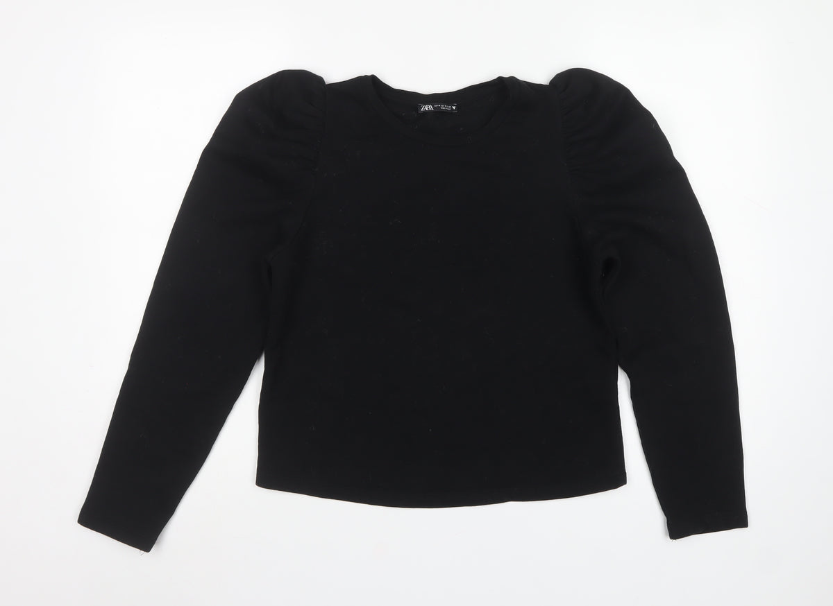 Zara Women Black M Ruffle Shoulder Crew Neck Pullover Sweatshirt