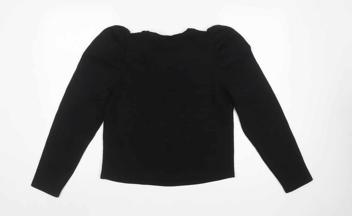 Zara Women Black M Ruffle Shoulder Crew Neck Pullover Sweatshirt