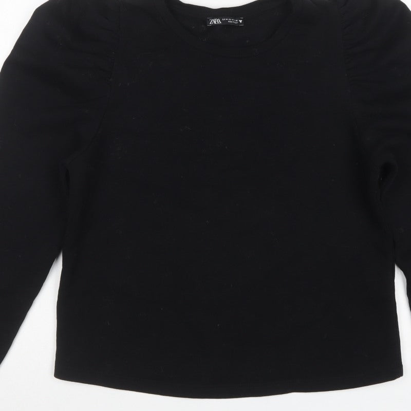 Zara Women Black M Ruffle Shoulder Crew Neck Pullover Sweatshirt