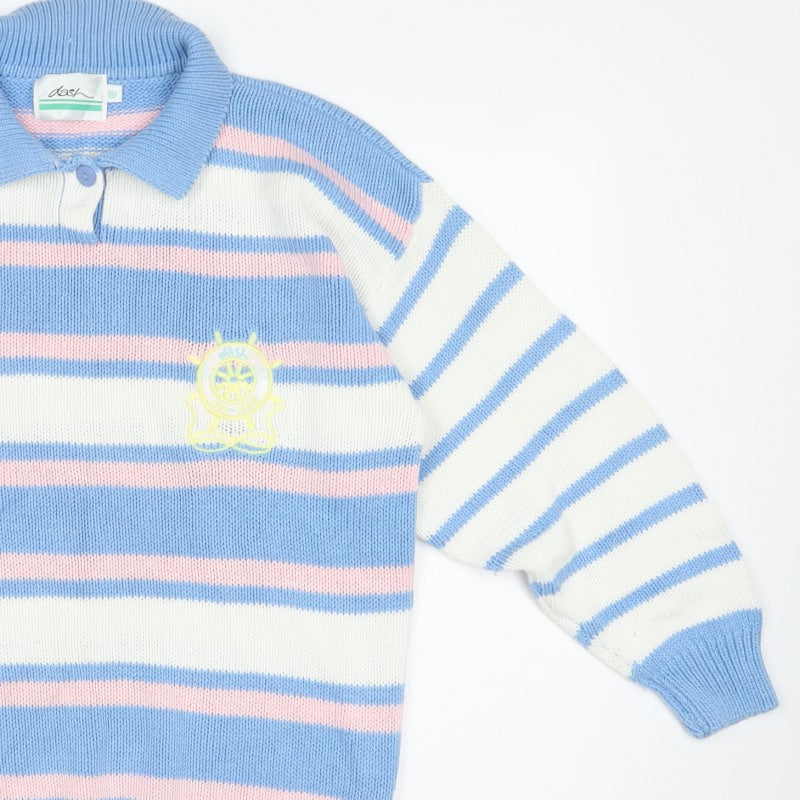 Dash Women’s Blue Pink Stripe Nautical Collared Henley Jumper S
