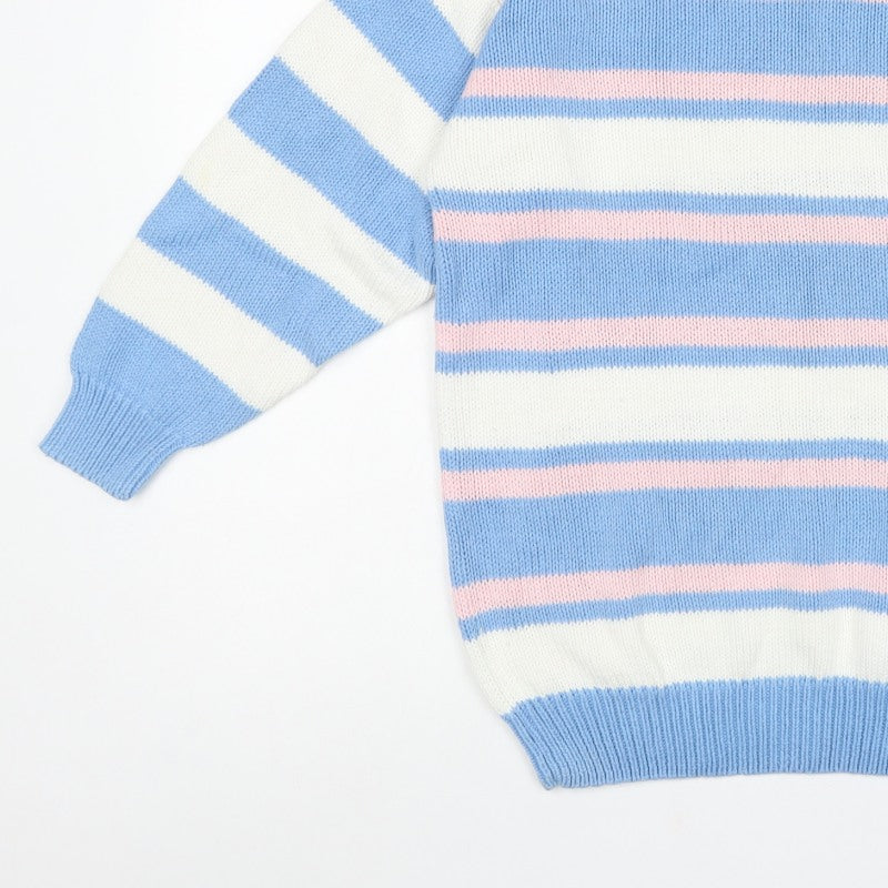 Dash Women’s Blue Pink Stripe Nautical Collared Henley Jumper S